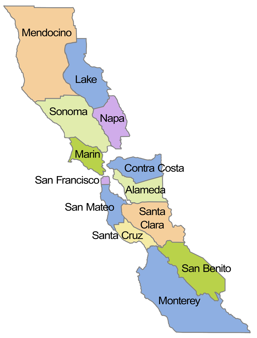 Map of the thirteen California counties served by the Bay Area Region Patriot Guard Riders: Alameda, Contra Costa, Lake, Marin, Mendocino, Monterey, Napa, San Benito, San Francisco, San Mateo, Santa Clara, Santa Cruz, and Sonoma